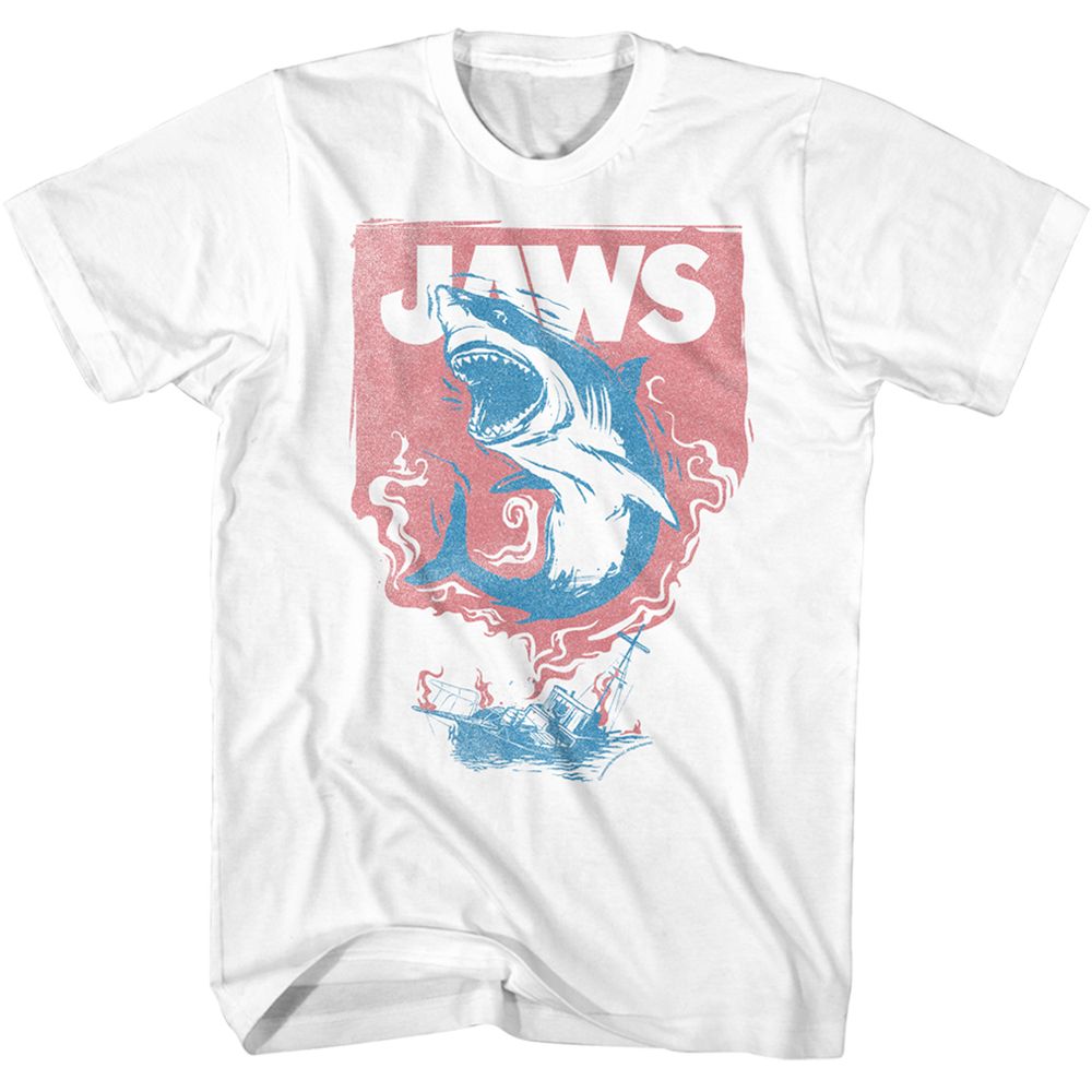 Jaws - SHARK AND BOAT FIRE Adult Shirt